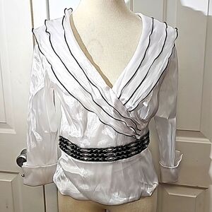 Elegant White Blouse with Black Trim